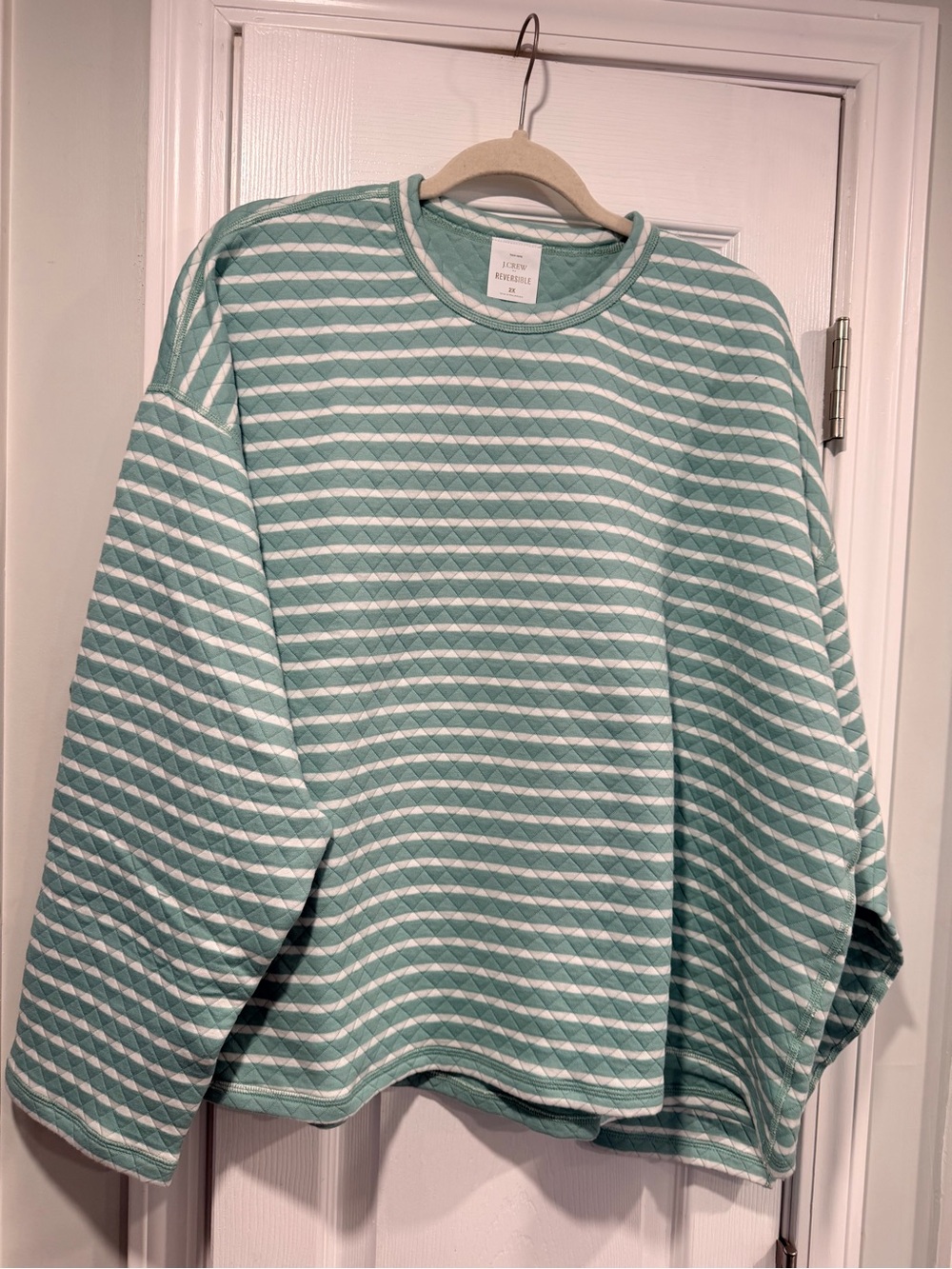 NWOT J. Crew Size 2X Mint Green Cream Reversible Quilted Striped Crew Sweatshirt